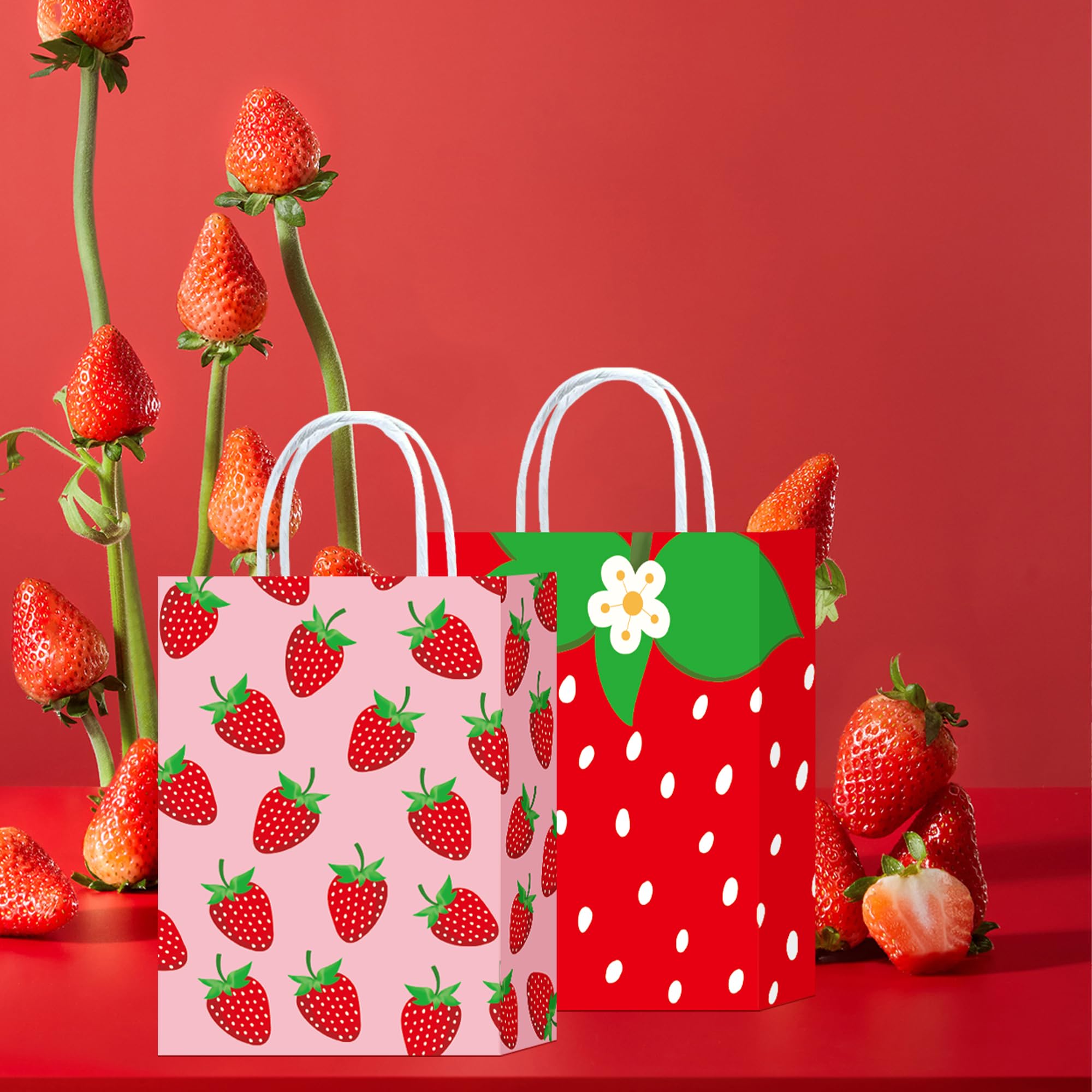 Hitkmi 16 Pcs Strawberry Gift Bags Small Strawberry Paper Goodie Bags with Handles for Birthday Party Berry Sweet Party Favor Bags Snack Candy Bags Decoration Supplies (Pink)