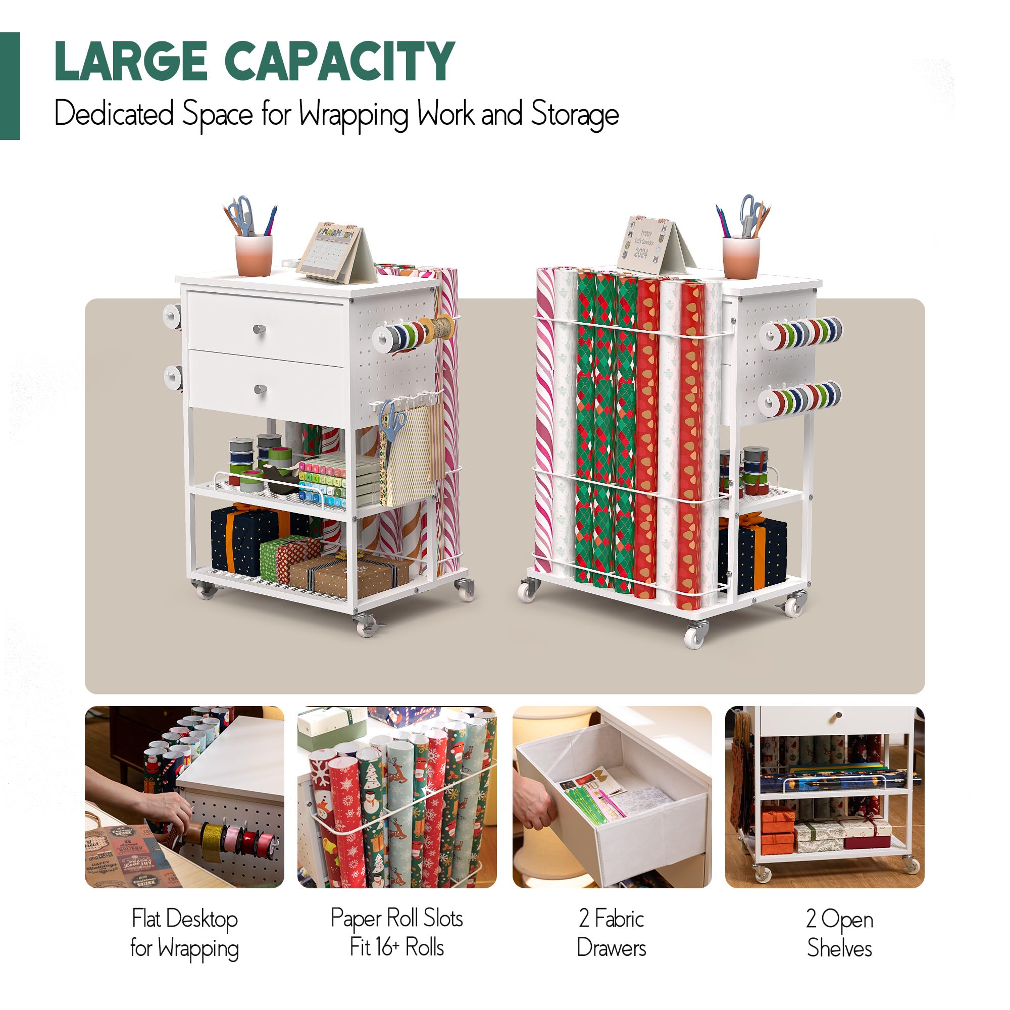 𝗬𝘂𝗺𝗸𝗳𝗼𝗶 Wrapping Paper Storage Cart, Rolling Gift Wrap Station with Ribbon and Gift Bag Storage, Wrapping Paper Organizer Holder, Craft Organizers and Storage for Christmas