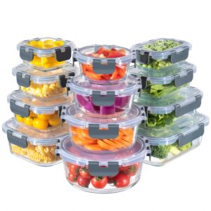 mfy 12-pack glass storage containers with lids, glass meal prep containers set, airtight glass lunch containers with lids, microwave, oven, freezer and dishwasher safe, gray