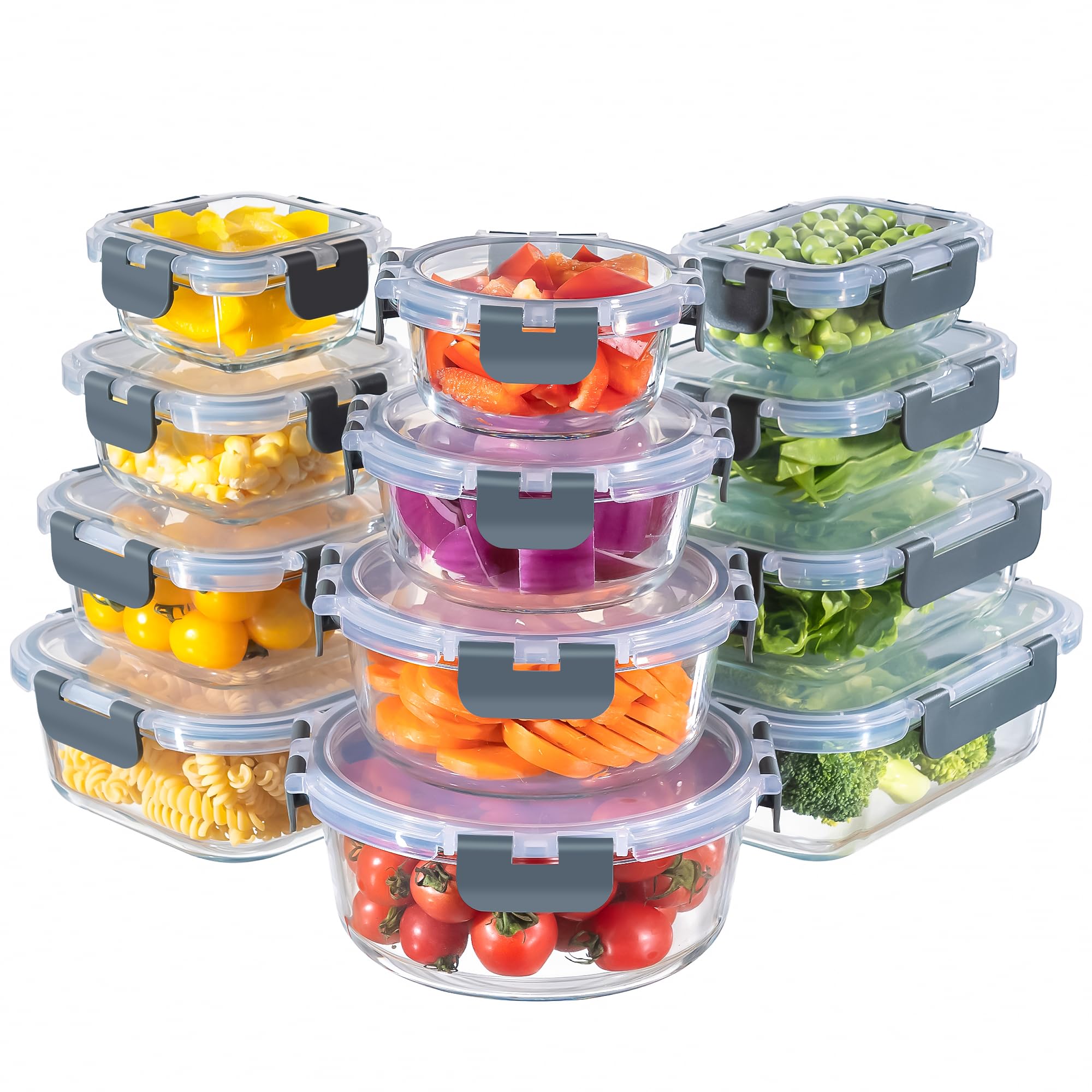 MFY 12-Pack Glass Storage Containers with Lids, Glass Meal Prep Containers Set, Airtight Glass Lunch Containers with Lids, Microwave, Oven, Freezer and Dishwasher Safe, Gray