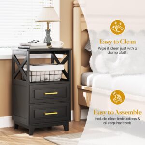 May in Color Nightstand Set of 2, Side Table with 2 Drawers and Open Shelf, Bedside Table with Solid Feet, Modern Night Stand End Table for Bedroom, Living Room, Home Office, Black