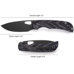 Miguron Knives M Moyarl Folding Knife,3.25" Dark Grey PVD 14c28n Blade Black Damascus G10 Handle With Titanium Pocket Clip, Camping Hiking Pocket Knife MGR-806DBK