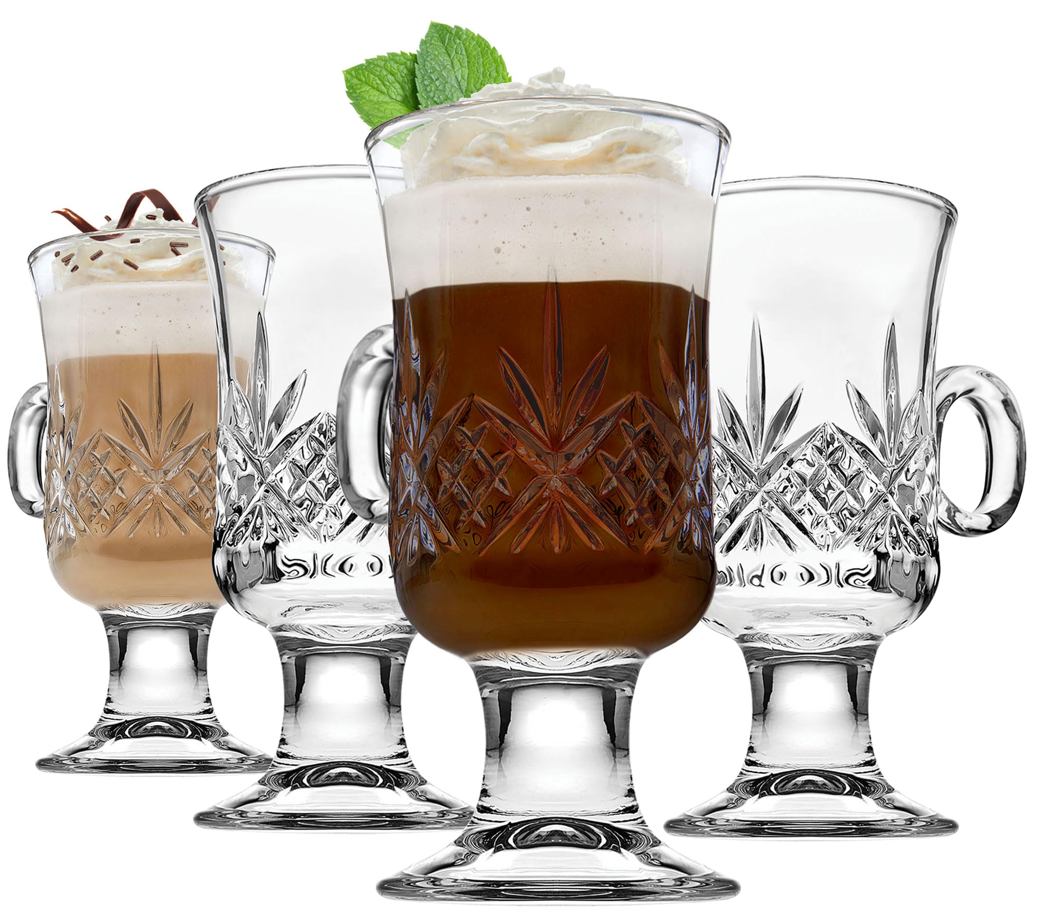 Godinger Coffee Mugs, Glass Irish Coffee Mug Set, Hot Beverage Tea Cups, Glass Cups, Drinking Glasses - 6oz., Set of 4, Dublin Collection