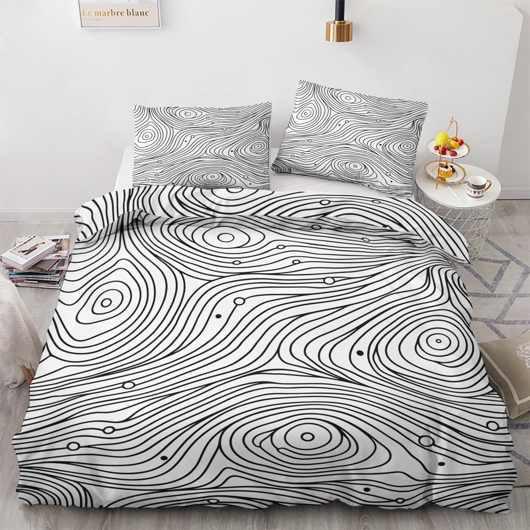 Zpryzmia Topographic Duvet Cover Set Bedding 3 Pieces, Soft Washed Microfiber, Abstract Line Comforter Cover, 1 Duvet Cover and 2 Pillow Shams, with Zipper Closure (Twin Size, 68”x90”), White