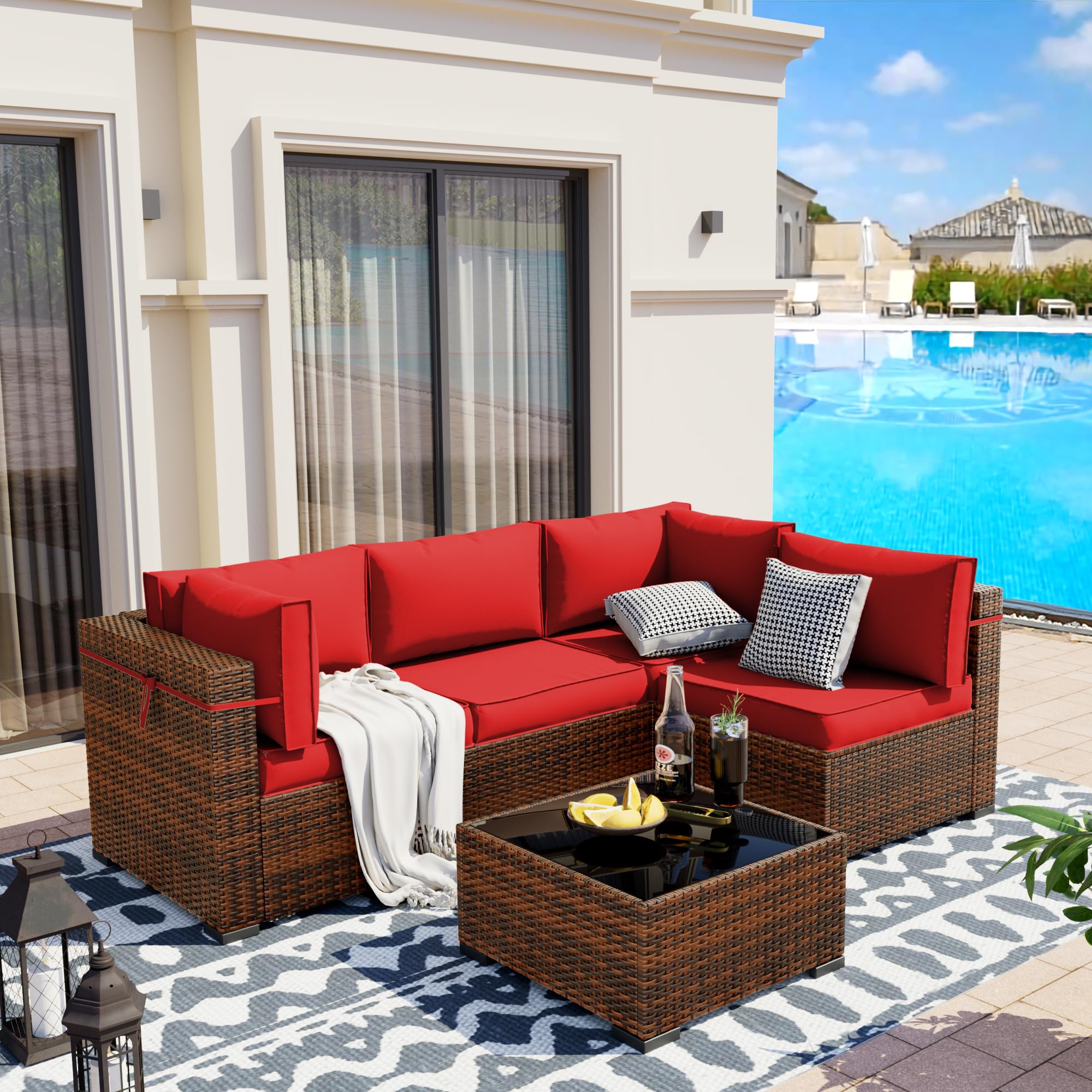 UDPATIO Patio Furniture Sets, Modular Rattan Outdoor Patio Sectional Furniture Sofa Set, Wicker Patio Conversation Set for Backyard, Deck w/Table, 5pc Brown/Red (Include Sofa Cover)