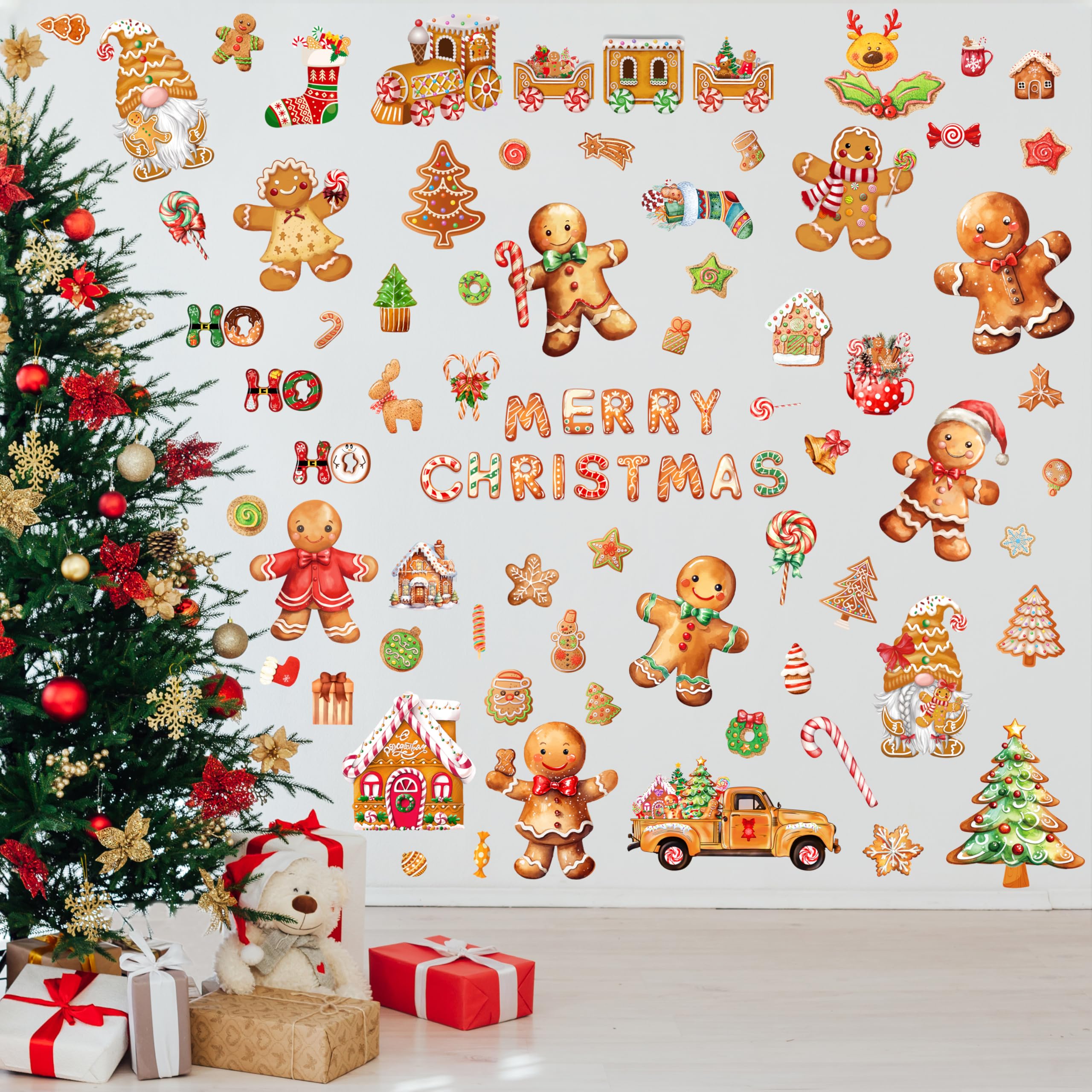 Christmas Gingerbread Wall Stickers Decoration 12 Sheets, Christmas Wall Decals Holiday Gingerbread Decor for Wall, Winter Candy Wall Vinyl Stickers for Living Room Bedroom Home Office Decor