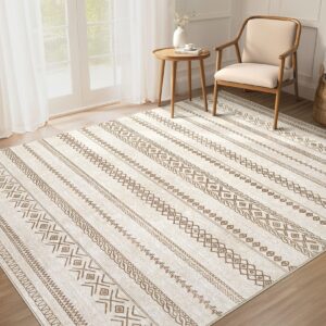 taranch area rug 5x7 washable rug, large boho moroccan geometric neutral soft rug for living room bedroom dining room, non slip indoor carpet for home office decor - brown