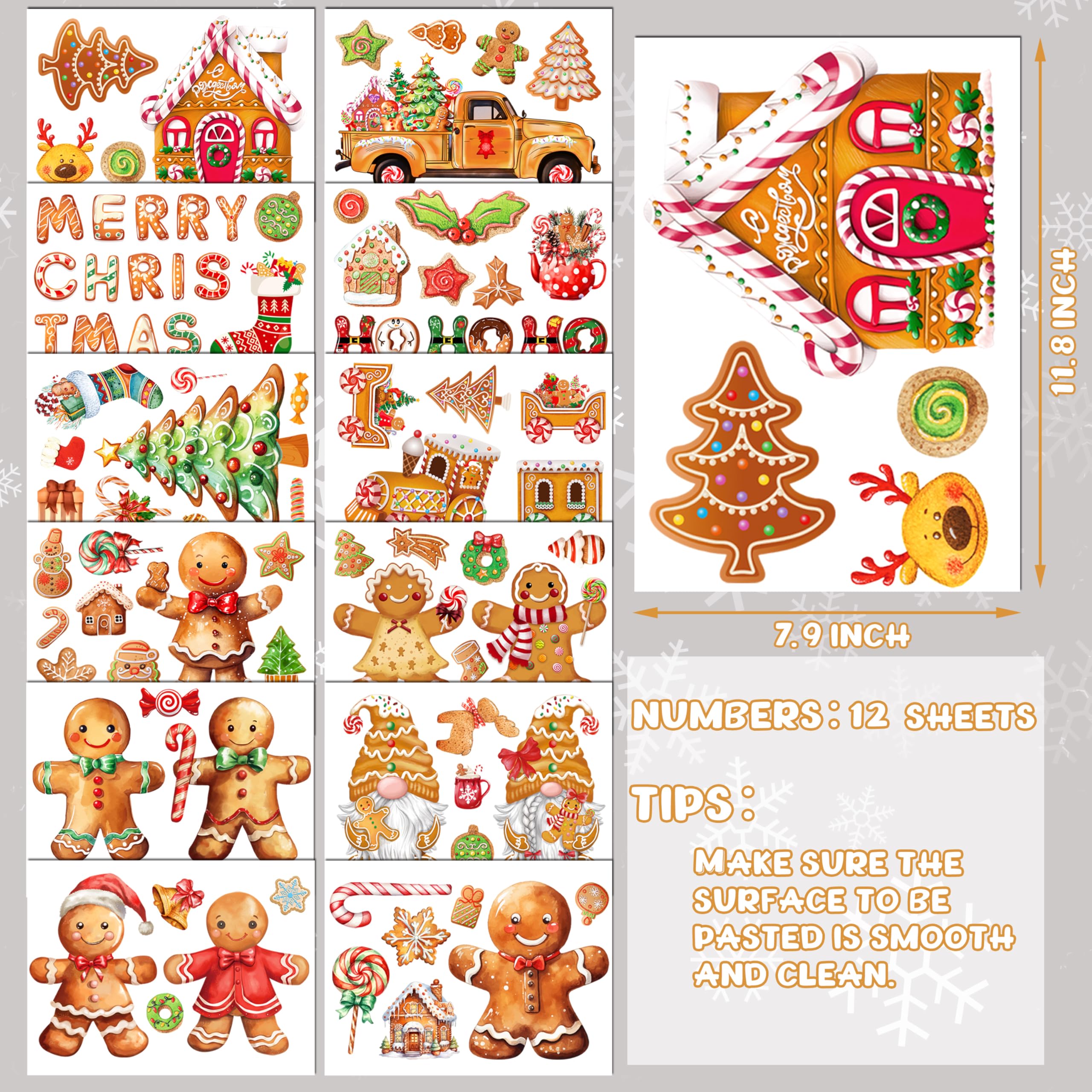 Christmas Gingerbread Wall Stickers Decoration 12 Sheets, Christmas Wall Decals Holiday Gingerbread Decor for Wall, Winter Candy Wall Vinyl Stickers for Living Room Bedroom Home Office Decor