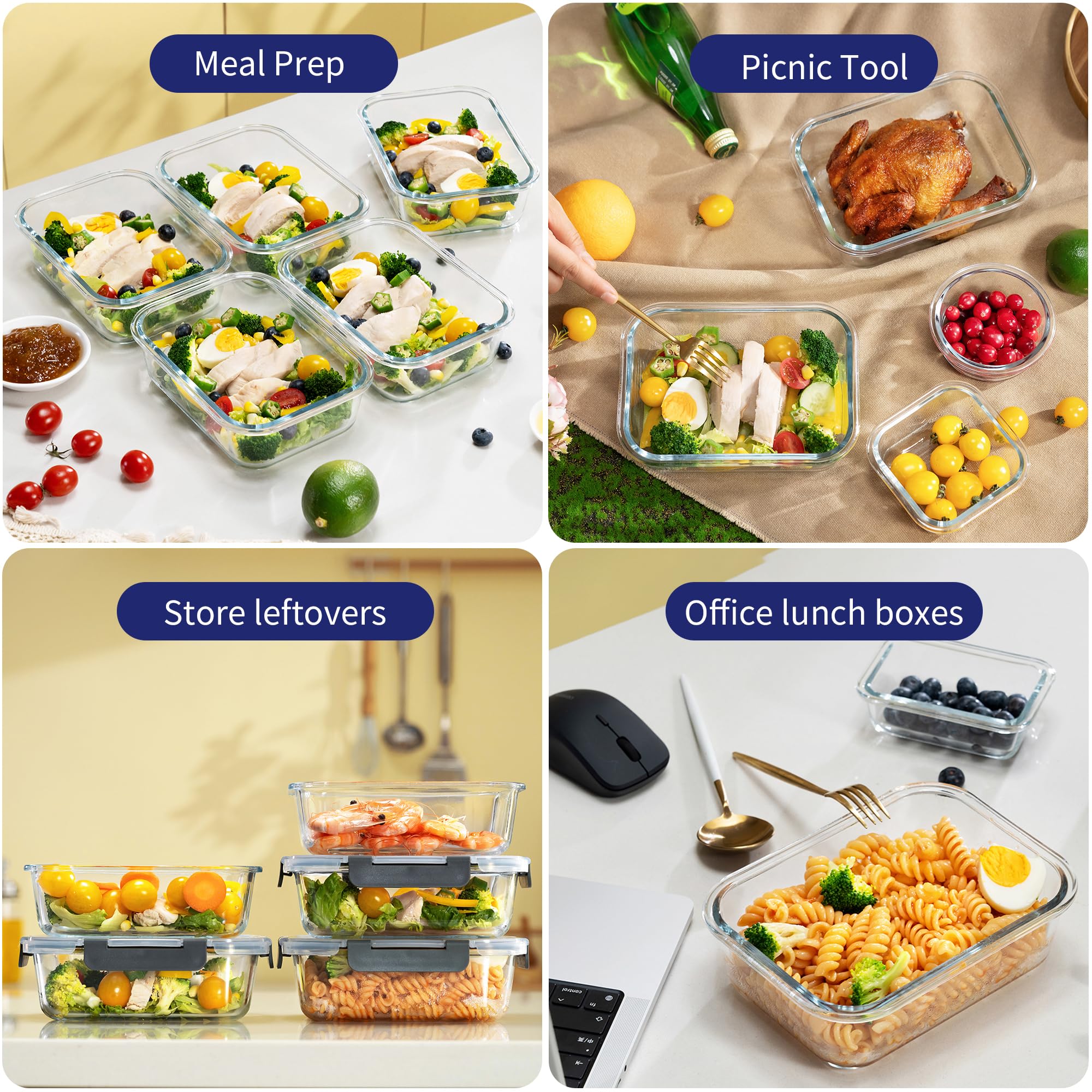 MFY 10-Pack Glass Storage Containers with Lids, Glass Meal Prep Containers Set, Airtight Glass Lunch Containers with Lids, Microwave, Oven, Freezer and Dishwasher Safe, Gray