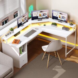 dwvo l shaped desk with drawer & 3 cubbies storage shelves, 67" corner computer desk with power outlets & led lights, l-shaped office desk with monitor stand, white