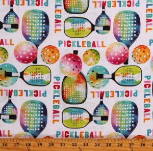 cotton pickleballs rackets paddles sports balls multicolor cotton fabric print by the yard (dx-5090-4c-1white)