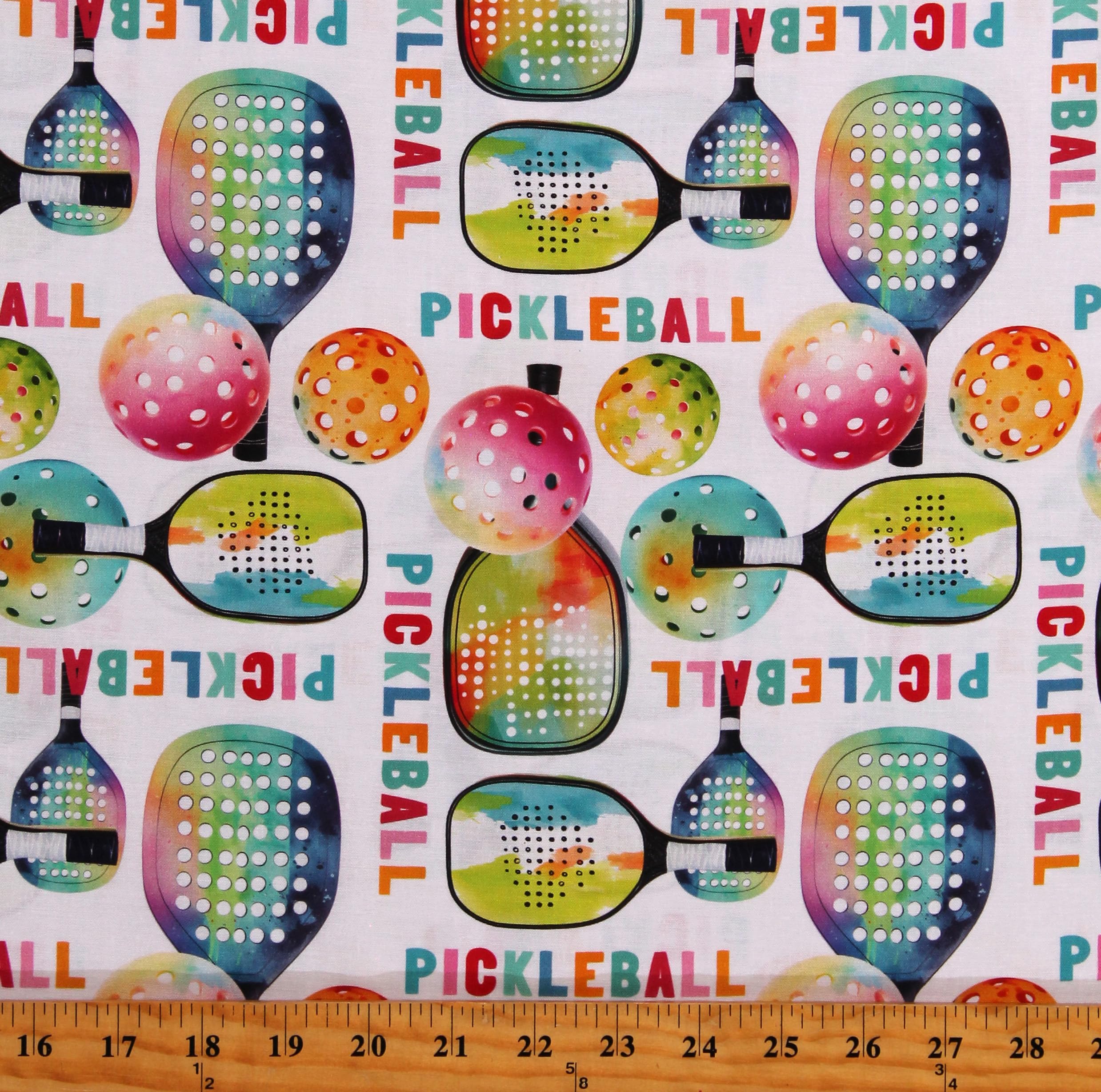 Cotton Pickleballs Rackets Paddles Sports Balls Multicolor Cotton Fabric Print by The Yard (DX-5090-4C-1WHITE)