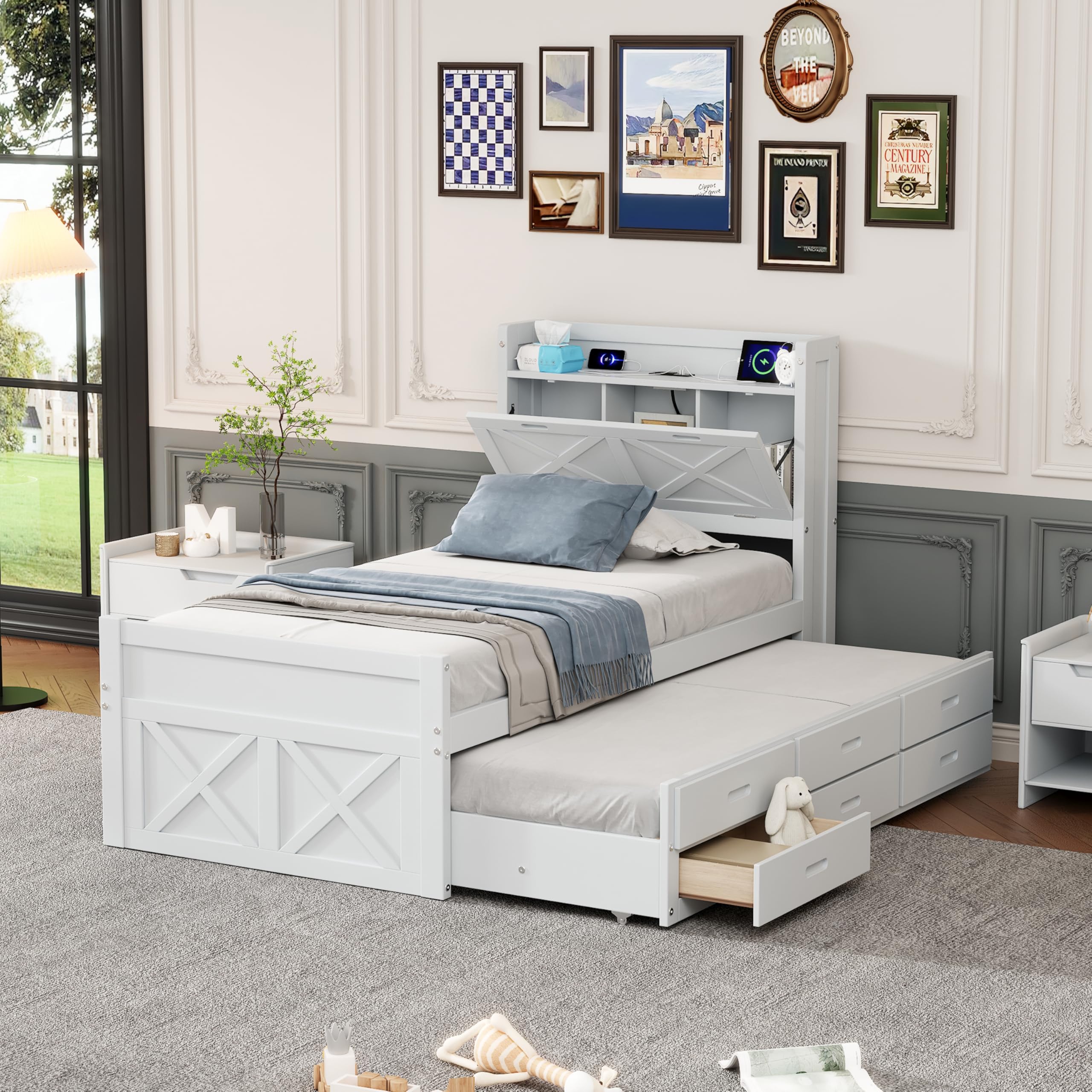 Luckiofvonne Twin Bed Frame with Storage Headboard & Charging Station, Wood Captain Bed with Trundle and Drawers, Farmhouse Platform Beds for Kids Boys Girls, Noise Free, No Box Spring Needed, White