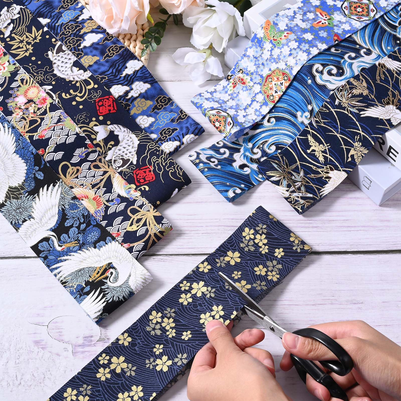 40 Pcs Blue Japanese Style Jelly Roll Blue Ukiyoe Fabric Strips for Quilting Crafting Blue Sea Wave Bird Floral Precut Polyester Patchwork for Sewing DIY Crafts Fabric Bundles Strips 39.37 × 2.55 Inch