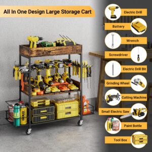 Dunatou Power Tool Organizer Cart Heavy Duty 4 Tier Rolling Tool Cart Garage Storage with Drill Rack Shelf Open Tool Chest Organizer with Wheels Workshop and Garage Ideas for Men or Dad