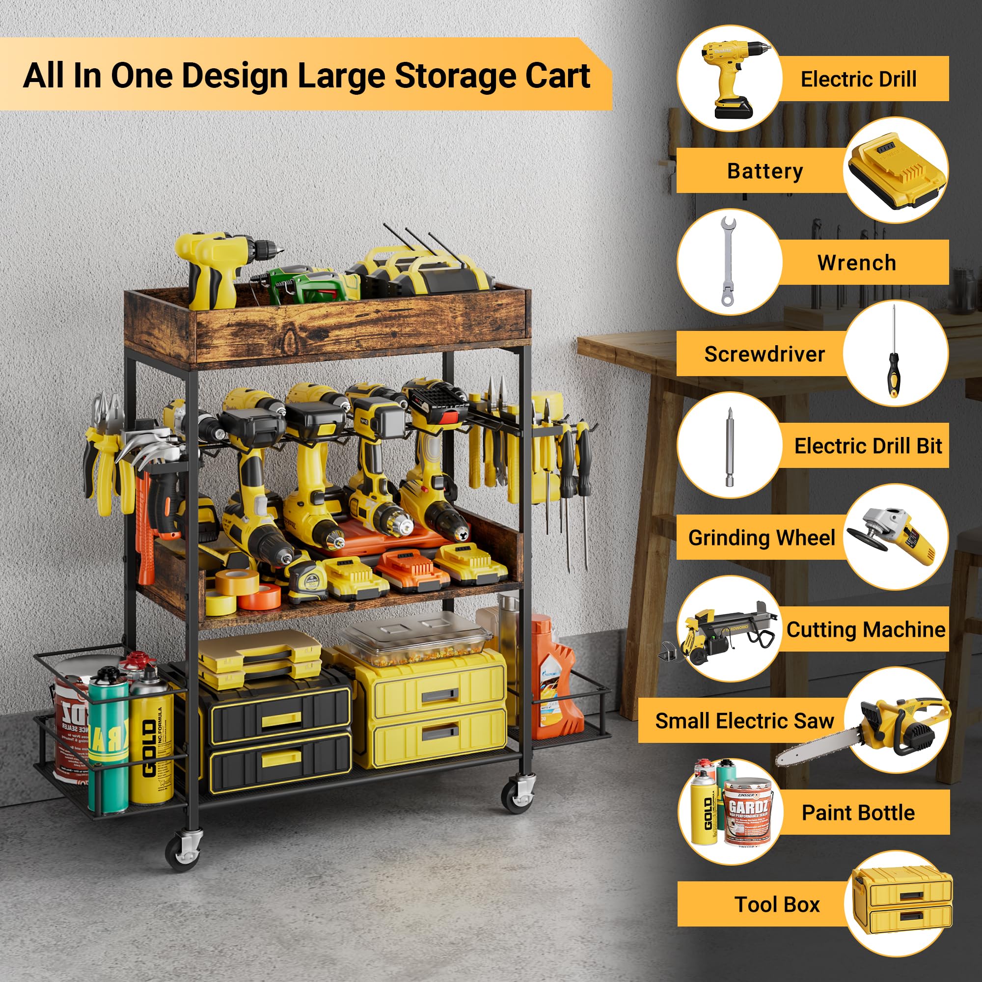 Dunatou Power Tool Organizer Cart Heavy Duty 4 Tier Rolling Tool Cart Garage Storage with Drill Rack Shelf Open Tool Chest Organizer with Wheels Workshop and Garage Ideas for Men or Dad