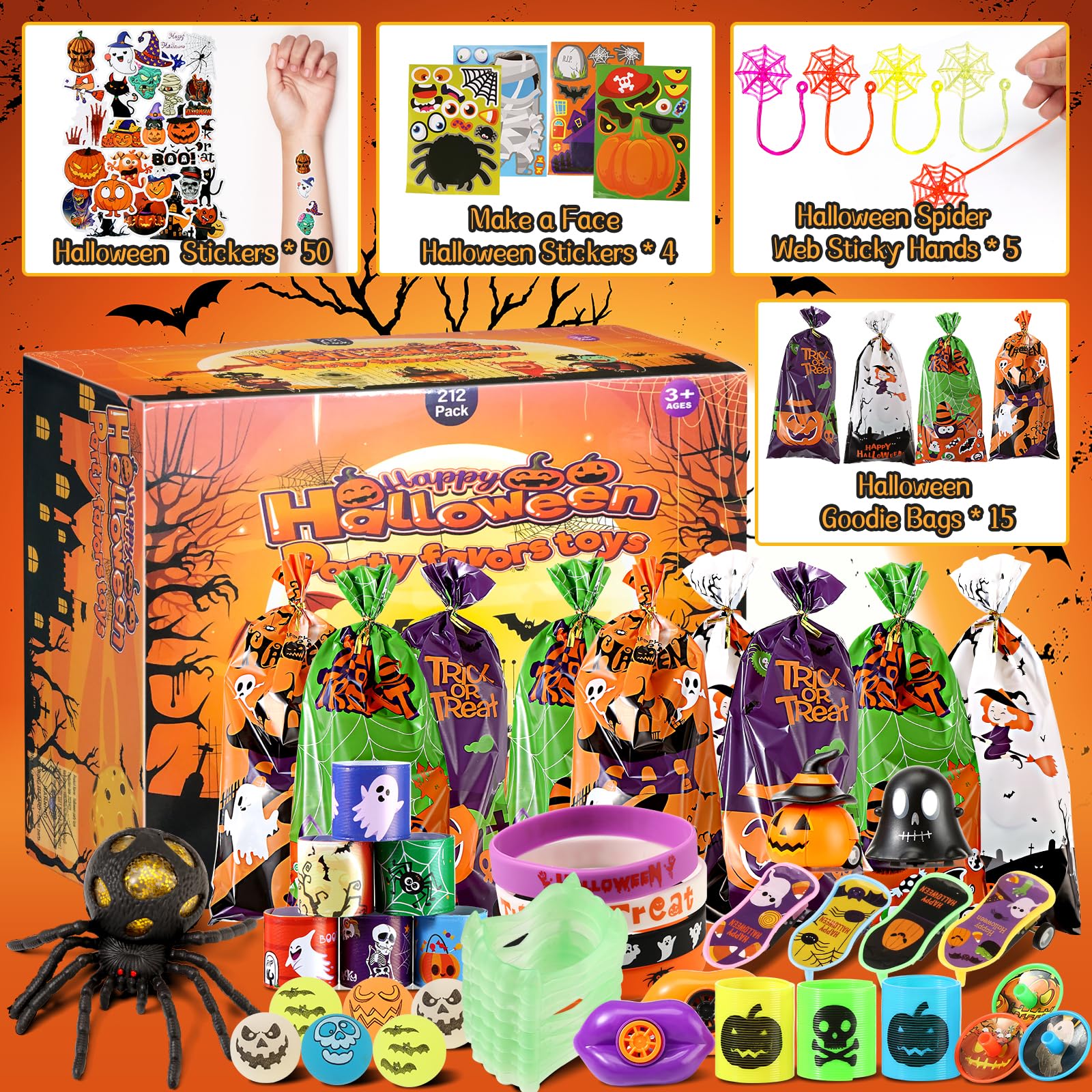 212 PCS Halloween Party Favors for Kids, Bulk Halloween Toys for Kids Halloween Treats Bag Stuffers Party Supplies Decor, Non-Candy Halloween Treats Prize Toy, Fun Halloween Gifts Goodie Bags Fillers