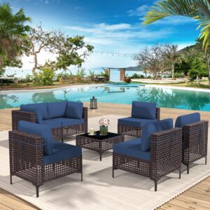 Halmuz 7 Piece Patio Furniture Set Outdoor Conversation Sofa Set, Skeleton Brown PE Rattan Wicker Furniture Patio Sofa w/Tempered Glass Top Table,Outdoor Furniture for Patio,Yard,Pool(Navy)