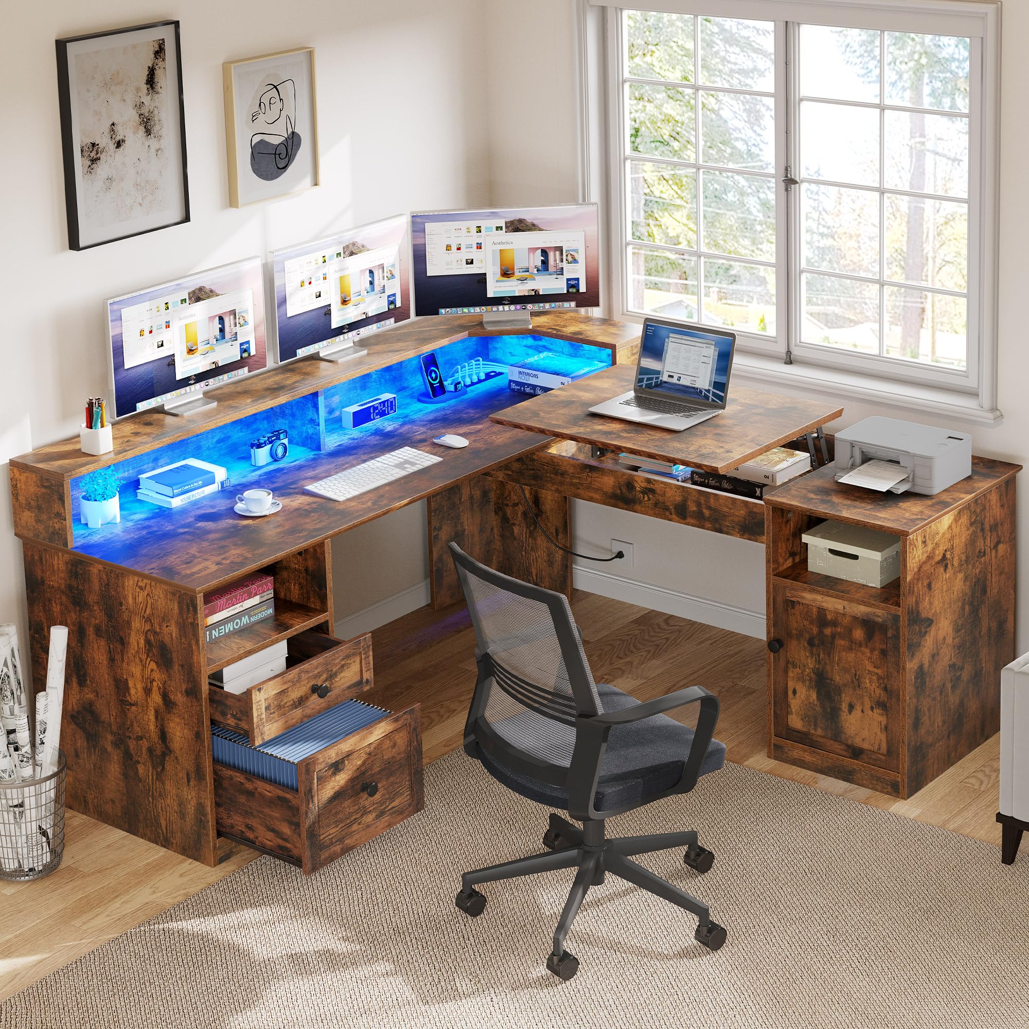 YITAHOME L Shaped Desk with Power Outlets & LED Lights, 60" Corner Computer Desk with Drawers & Lift Top, Home Office Desk with Monitor Stand & File Cabinet, Wood Height Adjustable Desk, Rustic Brown