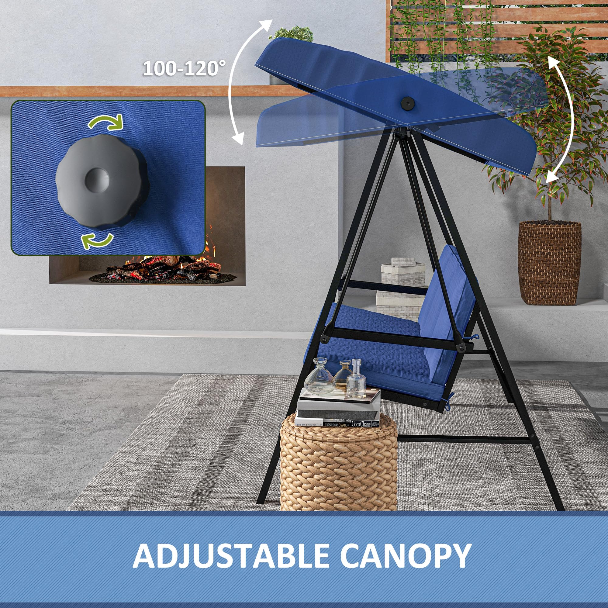 Outsunny 3-Seat Outdoor Porch Swing with Stand, Heavy Duty Patio Swing Chair with Adjustable Canopy, Breathable Mesh Seat, Removable Cushions for Backyard, Garden, and Poolside, Blue