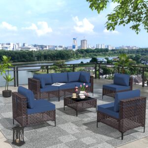 Halmuz 7 Piece Patio Furniture Set Outdoor Conversation Sofa Set, Skeleton Brown PE Rattan Wicker Furniture Patio Sofa w/Tempered Glass Top Table,Outdoor Furniture for Patio,Yard,Pool(Navy)