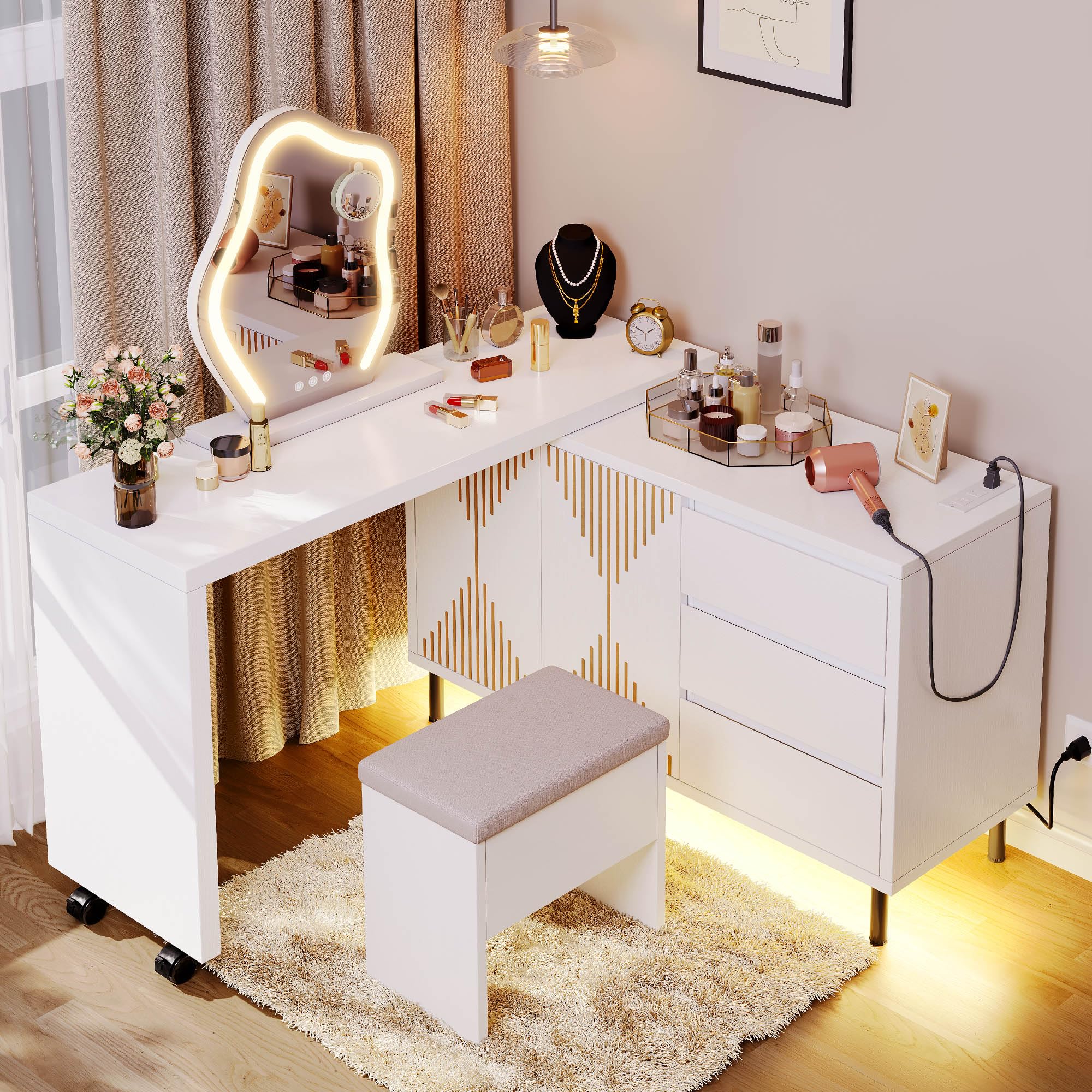 DWVO Vanity desk with Power Outlets & LED Lights - 360 Rotatable Makeup Vanity with 5 Drawers, Makeup Table with Fluted Panel Adjustable Cabinet, Extensible from 47.2" to 91.2", (Mirrors not included)