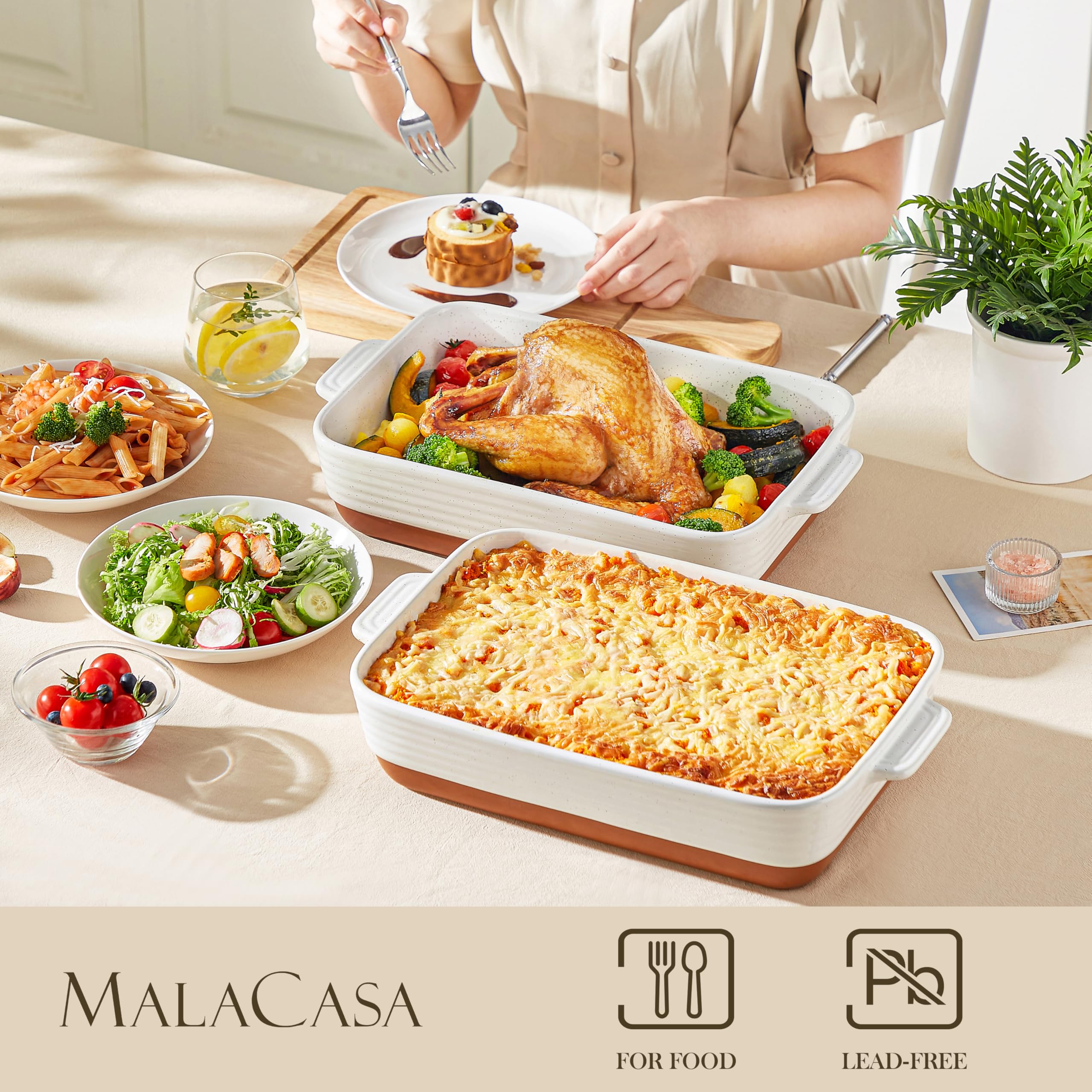 MALACASA 4.8 Quarts Ceramic Baking Dish with Handles, 9 x 13 Inches Casserole Dish, Deep Rectangular Lasagna Pan, Khaki & White Oven Safe Bakeware for Baking, Roasting, Series Tara