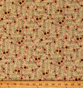 springs creative cotton give thanks sunflowers words writing thanksgiving holiday autumn seasonal tan cotton fabric print by the yard (64341-b770710)