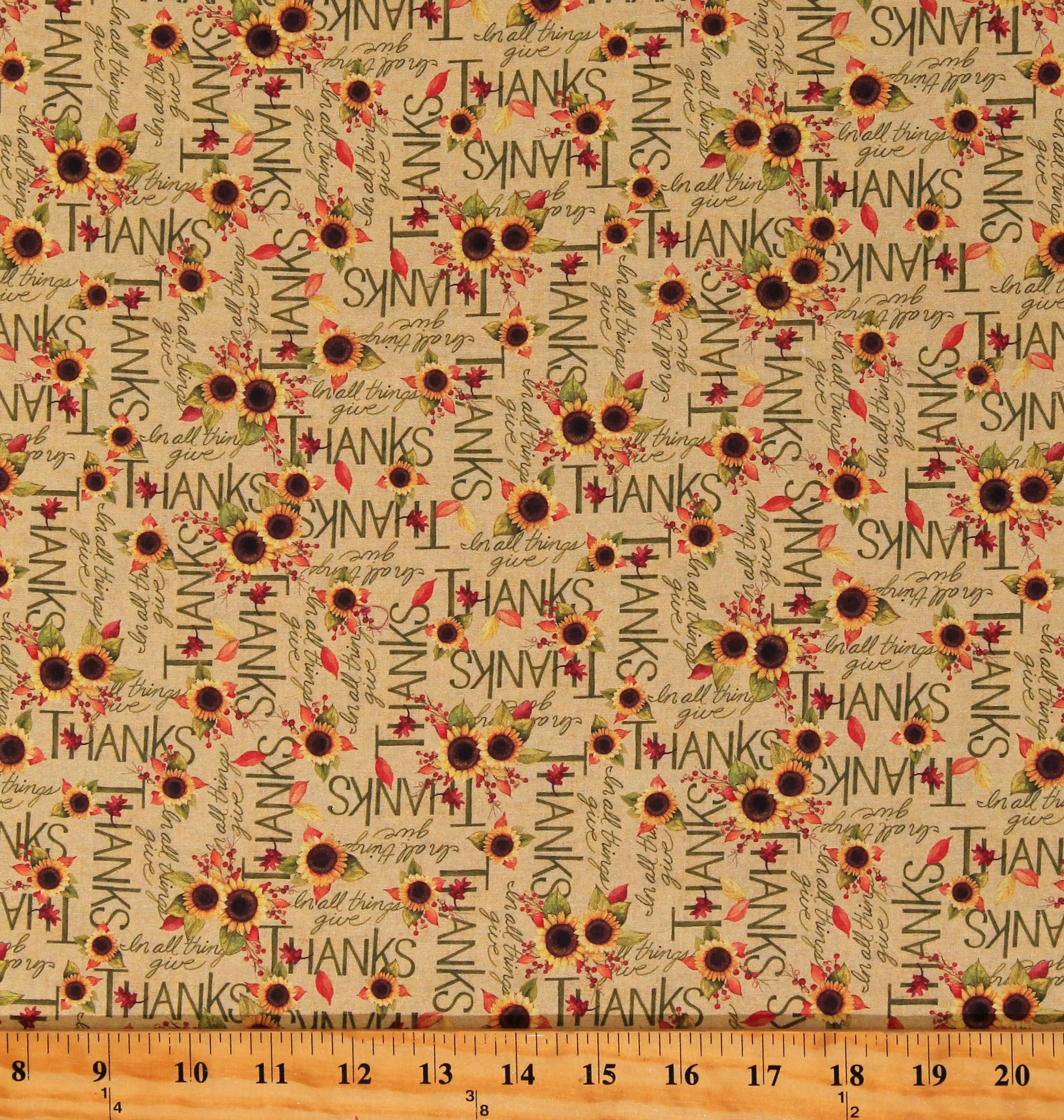 Springs Creative Cotton Give Thanks Sunflowers Words Writing Thanksgiving Holiday Autumn Seasonal Tan Cotton Fabric Print by The Yard (64341-B770710)