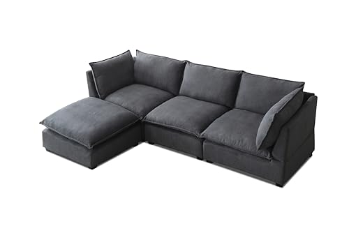 L-Shaped Modular Sectional Sofa Down Feather Cushions Deep Seat Reversible Chaises Cloud Couch Living Room Convertible Sleeper Upholstered Sofabed with Movable Ottomans