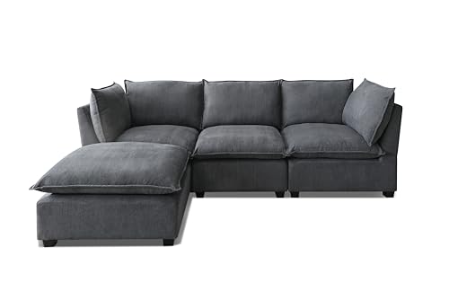 L-Shaped Modular Sectional Sofa Down Feather Cushions Deep Seat Reversible Chaises Cloud Couch Living Room Convertible Sleeper Upholstered Sofabed with Movable Ottomans