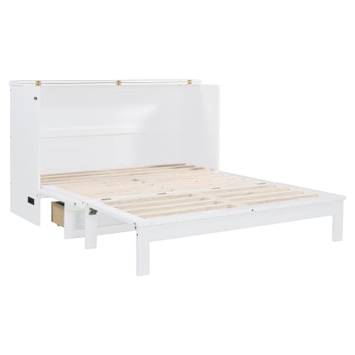 UOCFYK Queen Murphy Bed with Large Storage Drawer & Charging Station,Solid Pine Murphy Bedframe w/Wooden Slat Support, No Spring Box Needed, White