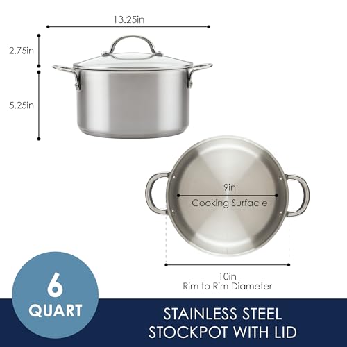 Rachael Ray Professional Stainless Steel Stockpot with Lid, Compatible with All Cooktops, Induction Ready, Dishwasher Safe, 6 Quart Stock Pot