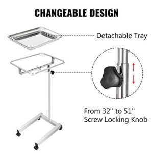 VEVOR Stainless Steel Medical Cart, 18x14 Inch Tray, Height Adjustable 32-51 Inch, with Detachable Tray & 4 Swivel Wheels, Ideal for Home Equipment & Personal Use