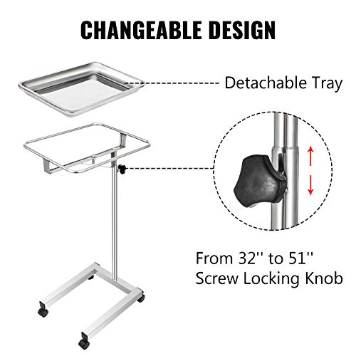 VEVOR Stainless Steel Medical Cart, 18x14 Inch Tray, Height Adjustable 32-51 Inch, with Detachable Tray & 4 Swivel Wheels, Ideal for Home Equipment & Personal Use