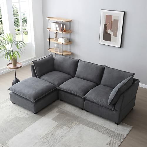 L-Shaped Modular Sectional Sofa Down Feather Cushions Deep Seat Reversible Chaises Cloud Couch Living Room Convertible Sleeper Upholstered Sofabed with Movable Ottomans