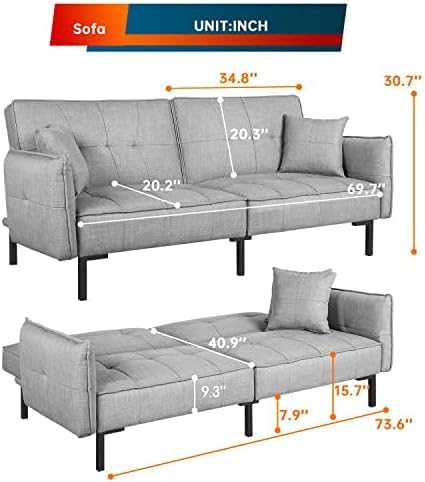 PayLessHere Convertible Futon Sofa Bed Modern Folding Futon Set Small Couch Sofa Adjustable Folding Couch Love seat Sofa Bed with Cotton Padding High Elastic Sponge for Living Room, Bedroom, Grey