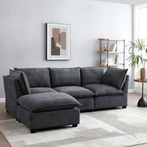 L-Shaped Modular Sectional Sofa Down Feather Cushions Deep Seat Reversible Chaises Cloud Couch Living Room Convertible Sleeper Upholstered Sofabed with Movable Ottomans