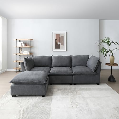 L-Shaped Modular Sectional Sofa Down Feather Cushions Deep Seat Reversible Chaises Cloud Couch Living Room Convertible Sleeper Upholstered Sofabed with Movable Ottomans