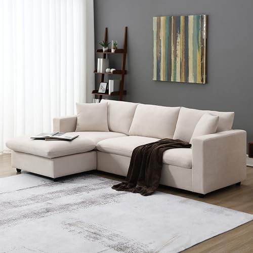 L-Shape Reversible Modular Sectional Sofa Couch,Cushions 4 Seaters Convertible Sofa&Couch Corner Leisure Cloud Sofá with Movable Ottoman & 2 Pillows for Living Room