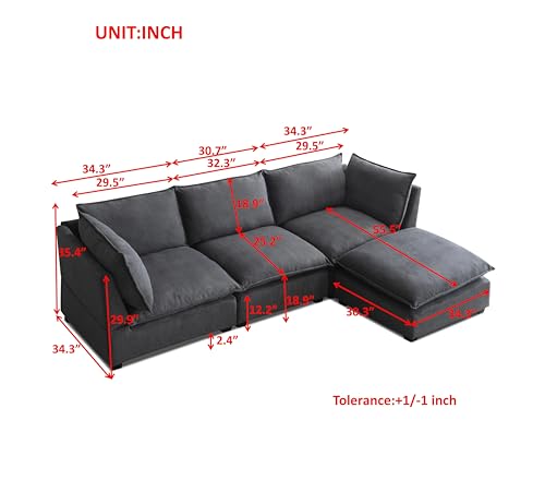 L-Shaped Modular Sectional Sofa Down Feather Cushions Deep Seat Reversible Chaises Cloud Couch Living Room Convertible Sleeper Upholstered Sofabed with Movable Ottomans