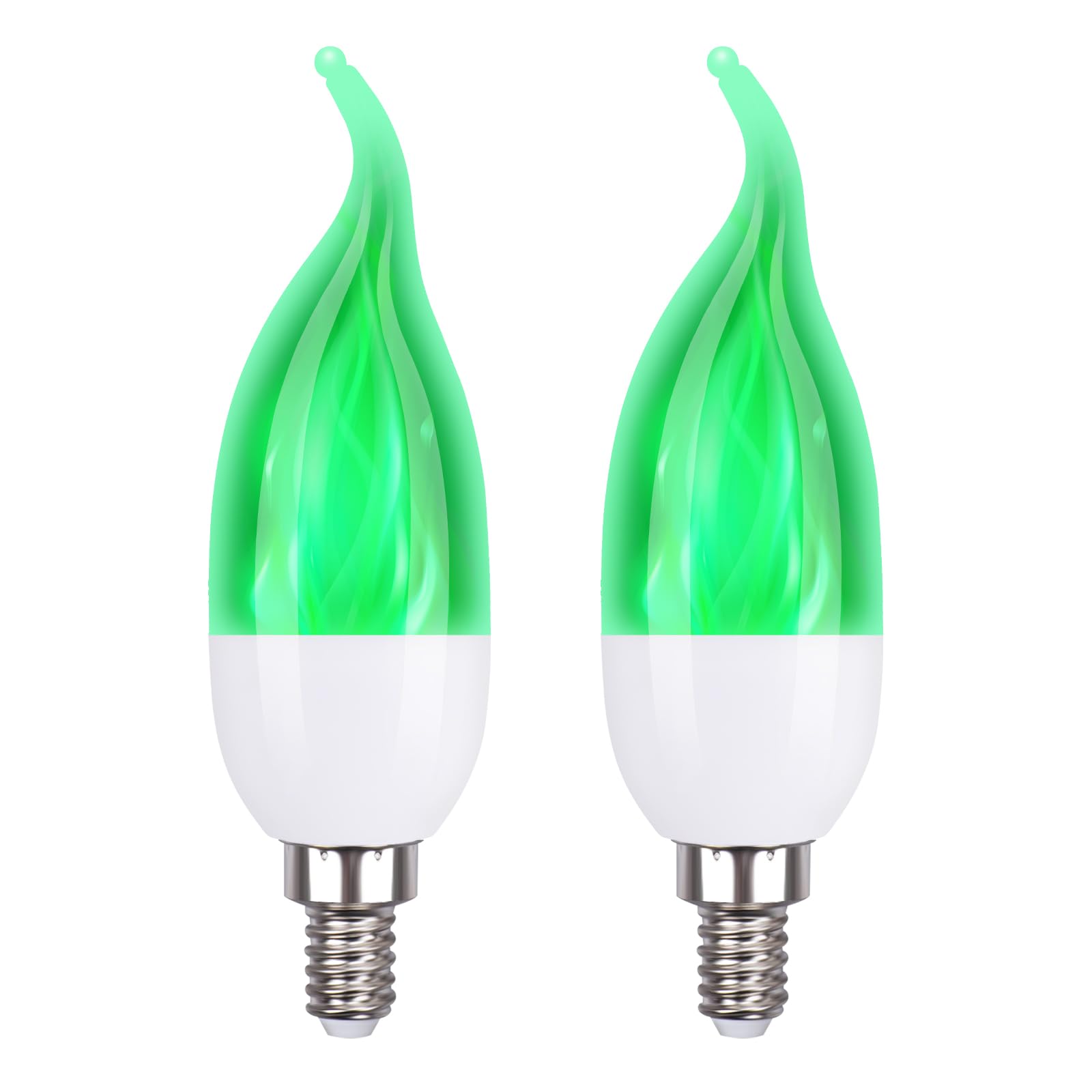 OHLGT E12 Flame Bulbs, 3 Mode LED Candelabra 2.0 Watt Green Chandelier Candle Light Bulbs, Flame Tip for Christmas Party Decorations（2 Packs）