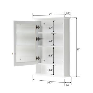 WELLFOR 24"x 34" Wall Mounted Wood Medicine Cabinet with Mirrors for Bathroom, Rubber Wooden Mirror Cabinet with 3-Tier Shelves and External Storage