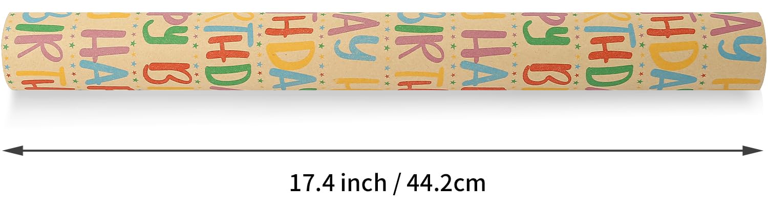 CAMKUZON Kraft Birthday Wrapping Paper Roll with Cutlines - Colorful Happy Birthday Text and Star Design - Gift Wrap Paper for Birthday Celebration Baby Shower, 17.4 Inch