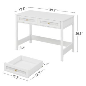 Vikiullf White Desk with Drawers - 39 in Small Modern Study Writing Table Makeup Vanity Desk for Small Spaces Home Office Desk with 2 Rattan Drawers