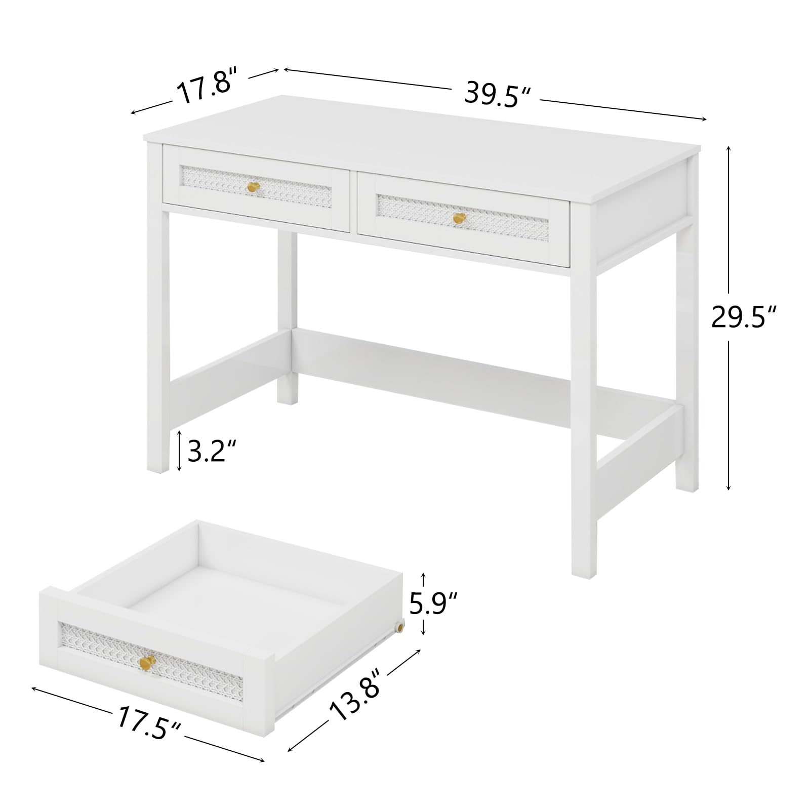 Vikiullf White Desk with Drawers - 39 in Small Modern Study Writing Table Makeup Vanity Desk for Small Spaces Home Office Desk with 2 Rattan Drawers