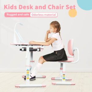 Kids Desk and Chair Set, Height-Adjustable Chair and Desk for Kids, Kid Desk with 3 Modes and 3 Brightness Led Lamps, Childrens Desk with 60° Tilting Tabletop and Extra-Large Storage Drawer (Pink)