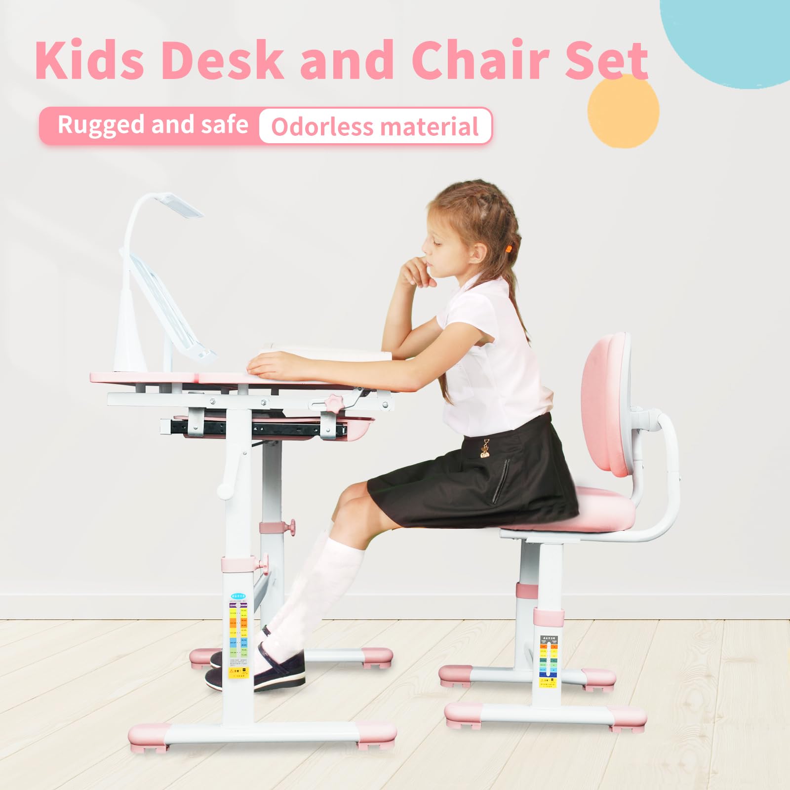 Kids Desk and Chair Set, Height-Adjustable Chair and Desk for Kids, Kid Desk with 3 Modes and 3 Brightness Led Lamps, Childrens Desk with 60° Tilting Tabletop and Extra-Large Storage Drawer (Pink)