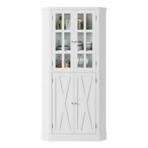 BOTLOG 67" Corner Cabinet, Tall Corner Storage Cabinet with 4 Doors, Corner Cabinet with Spacious Top, Curved Profile Design, Space Saver for Bathroom, Living Room, Kitchen, Modern White