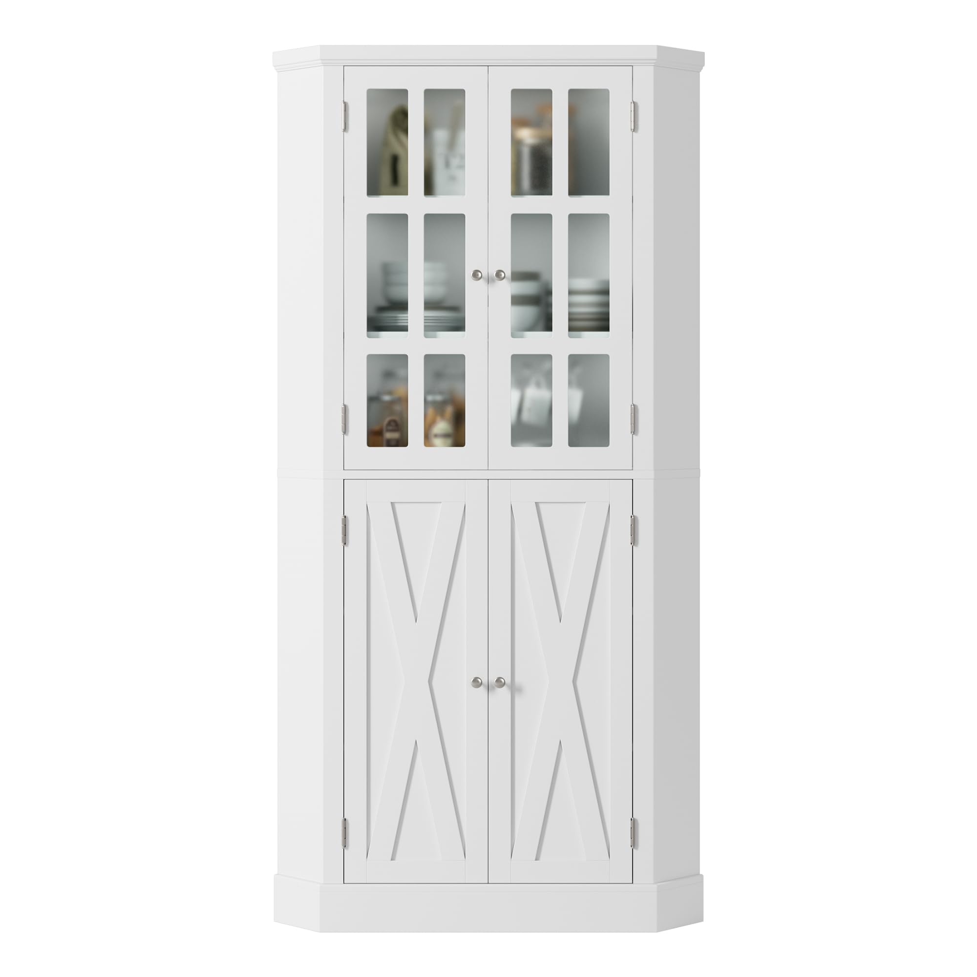 BOTLOG 67" Corner Cabinet, Tall Corner Storage Cabinet with 4 Doors, Corner Cabinet with Spacious Top, Curved Profile Design, Space Saver for Bathroom, Living Room, Kitchen, Modern White